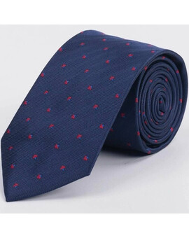 Галстук напрокат синего цвета в фактурную полоску и красно-голубым квадратным узором для мужского ко, изображение 1