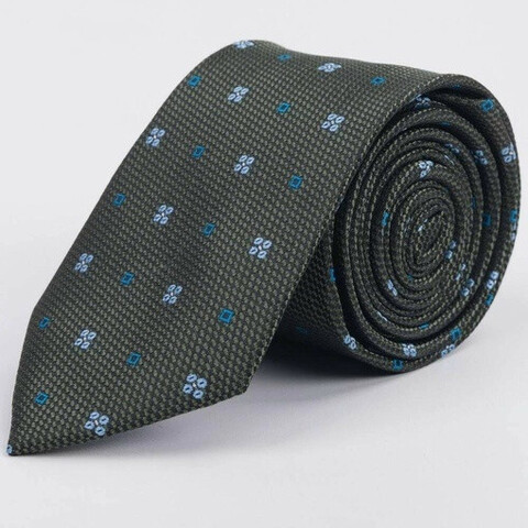Зеленый галстук в аренду с голубым цветочным и синим квадратным узором для мужского костюма