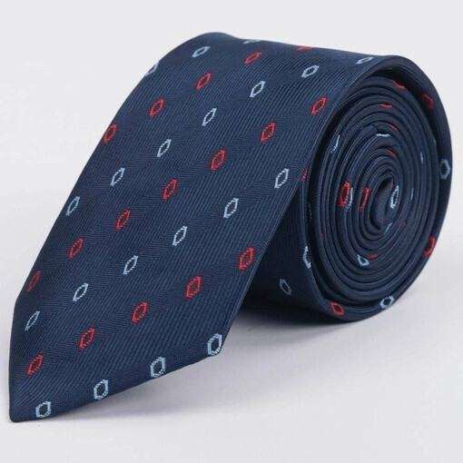 Синий галстук с фактурными полосами и ромбовидными узорами красного и голубого цвета в аренду для му
