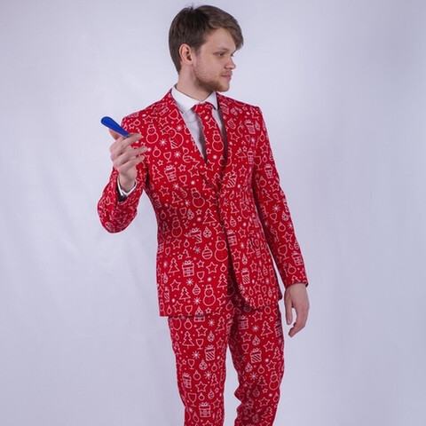Прокат мужского костюма красного цвета в белый принт