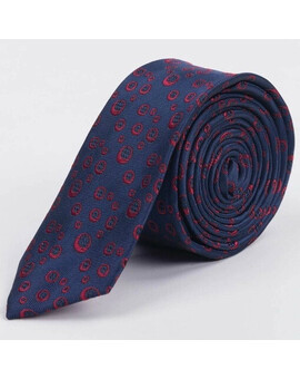 Прокат узкого галстука темно-синего цвета с красным кольцевым узором для мужских костюмов, изображение 1